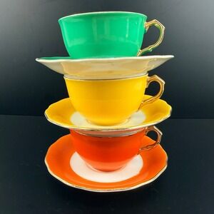 Vintage Goldcastle Japan Porcelain Tea Cup Saucer Set 3 Orange Green Yellow